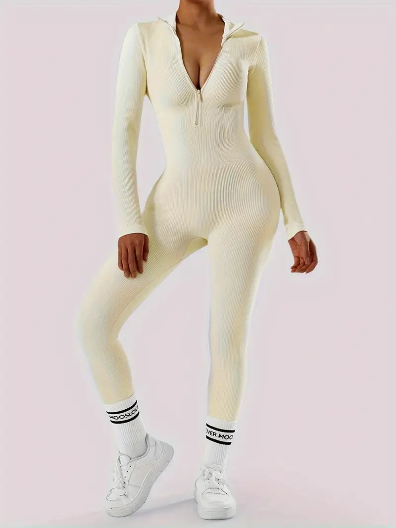 Long Sleeve Women's Ribbed Front Zip Jumpsuit